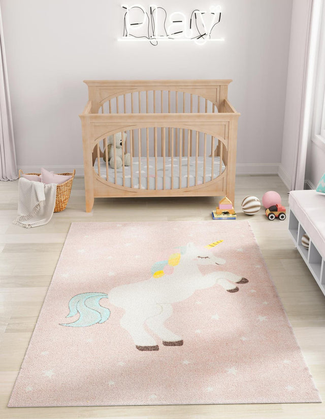 Pink 3' 11 x 5' 11 Whimsy Kids Rectangle Area Rug for Baby Nursery, Toddler Playroom, Bedrooms Playful Fun Design Easy Clean Carpet for Sale at Rug Engine