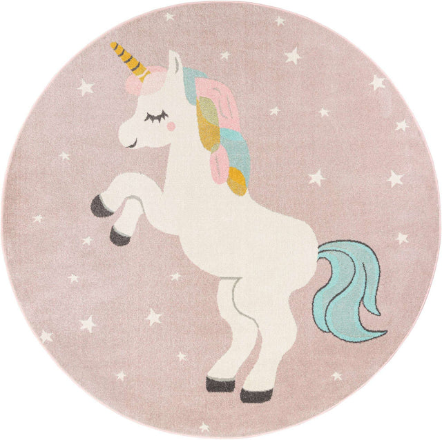 Pink 7' 10 x 7' 10 Whimsy Kids Round Area Rug for Baby Nursery, Toddler Playroom, Bedrooms Playful Fun Design Easy Clean Carpet for Sale at Rug Engine