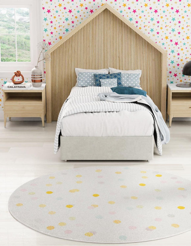 Ivory 3' 3 x 3' 3 Whimsy Kids Round Area Rug for Baby Nursery, Toddler Playroom, Bedrooms Playful Fun Design Easy Clean Carpet for Sale at Rug Engine