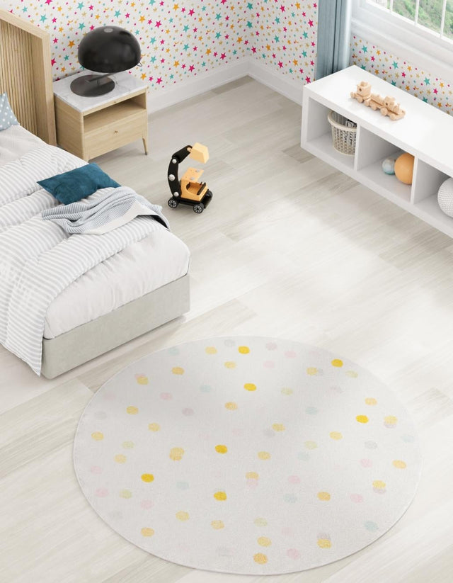 Ivory 5' 3 x 5' 3 Whimsy Kids Round Area Rug for Baby Nursery, Toddler Playroom, Bedrooms
