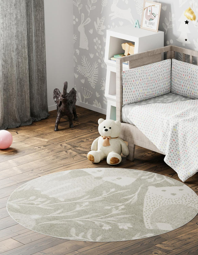 Gray 5' 3 x 5' 3 Whimsy Kids Round Area Rug for Baby Nursery, Toddler Playroom, Bedrooms