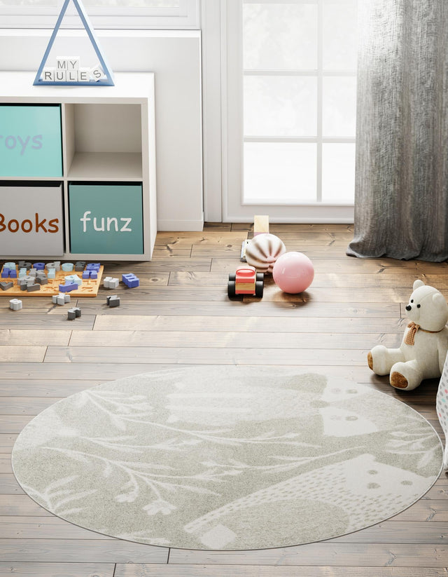 Gray 5' 3 x 5' 3 Whimsy Kids Round Area Rug for Baby Nursery, Toddler Playroom, Bedrooms