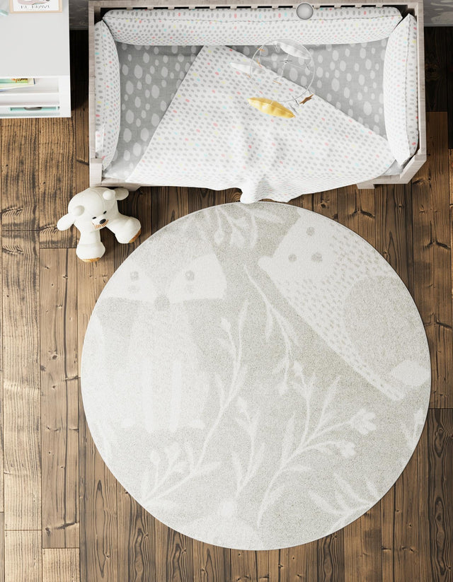 Gray 7' 10 x 7' 10 Whimsy Kids Round Area Rug for Baby Nursery, Toddler Playroom, Bedrooms Playful Fun Design Easy Clean Carpet for Sale at Rug Engine