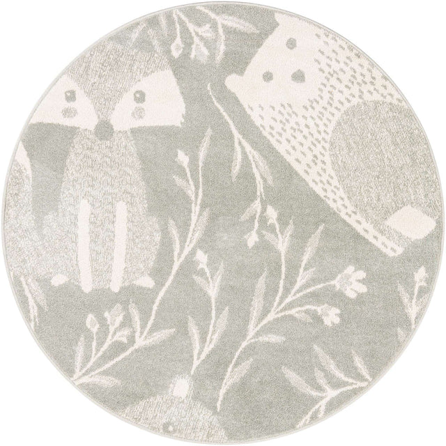 Gray 5' 3 x 5' 3 Whimsy Kids Round Area Rug for Baby Nursery, Toddler Playroom, Bedrooms
