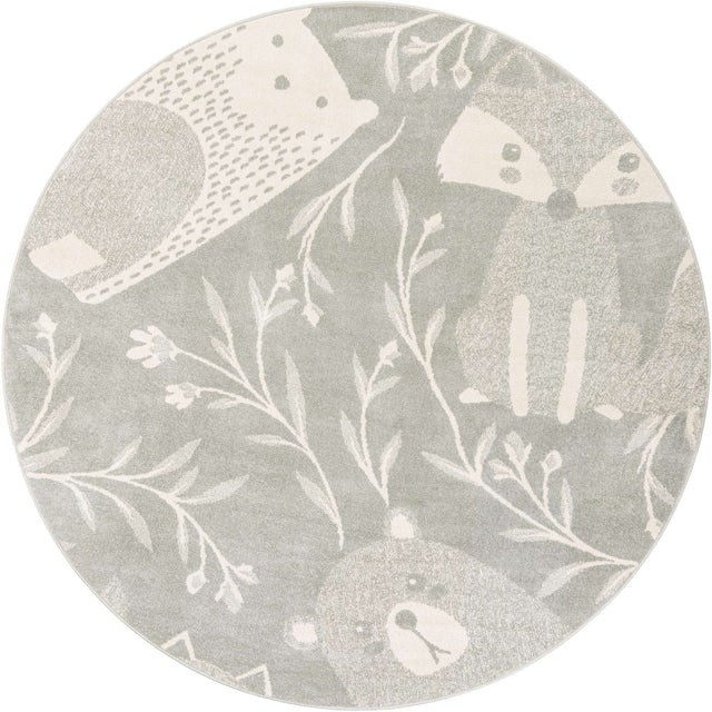 Gray 7' 10 x 7' 10 Whimsy Kids Round Area Rug for Baby Nursery, Toddler Playroom, Bedrooms Playful Fun Design Easy Clean Carpet for Sale at Rug Engine