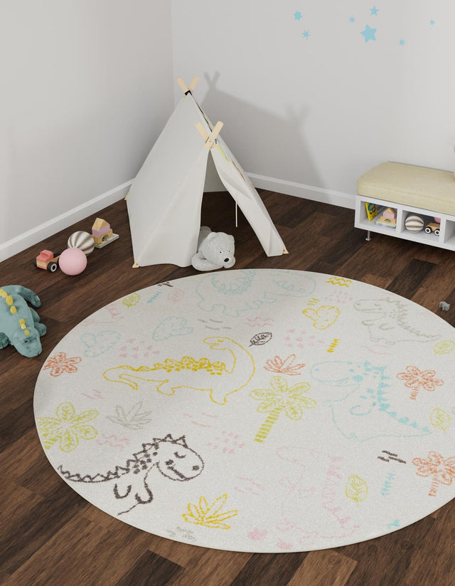 Ivory 7' 10 x 7' 10 Whimsy Kids Round Area Rug for Baby Nursery, Toddler Playroom, Bedrooms Playful Fun Design Easy Clean Carpet for Sale at Rug Engine