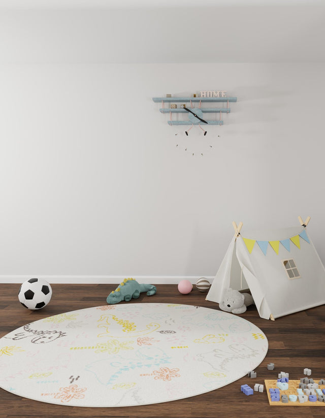 Ivory 3' 3 x 3' 3 Whimsy Kids Round Area Rug for Baby Nursery, Toddler Playroom, Bedrooms