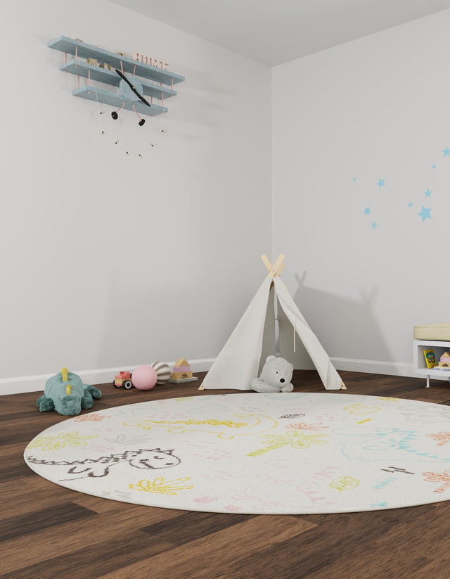 Ivory 3' 3 x 3' 3 Whimsy Kids Round Area Rug for Baby Nursery, Toddler Playroom, Bedrooms