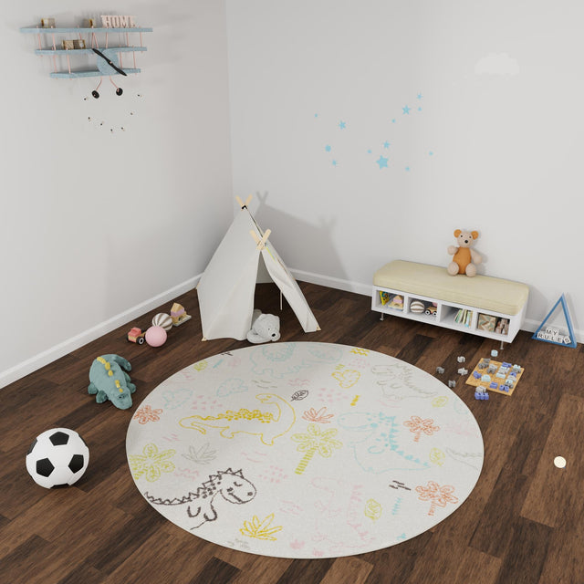 Ivory 5' 3 x 5' 3 Whimsy Kids Round Area Rug for Baby Nursery, Toddler Playroom, Bedrooms