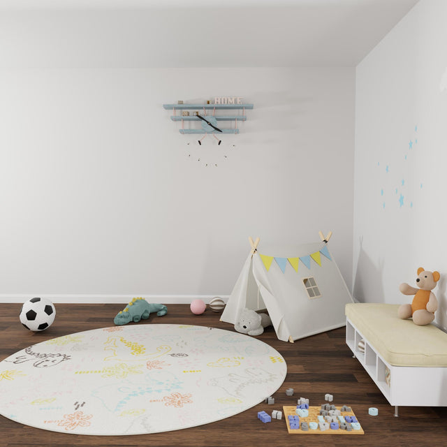 Ivory 5' 3 x 5' 3 Whimsy Kids Round Area Rug for Baby Nursery, Toddler Playroom, Bedrooms