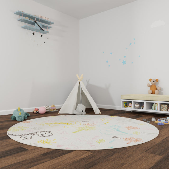 Ivory 5' 3 x 5' 3 Whimsy Kids Round Area Rug for Baby Nursery, Toddler Playroom, Bedrooms