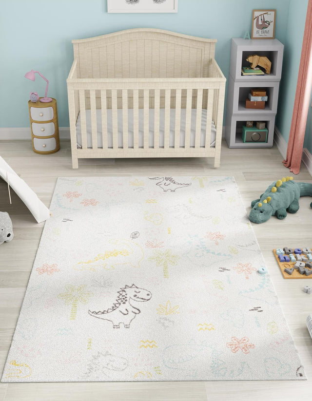 Ivory 5' 3 x 8' Whimsy Kids Rectangle Area Rug for Baby Nursery, Toddler Playroom, Bedrooms Playful Fun Design Easy Clean Carpet for Sale at Rug Engine