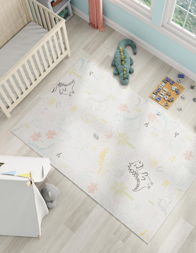 Ivory 5' 3 x 8' Whimsy Kids Rectangle Area Rug for Baby Nursery, Toddler Playroom, Bedrooms Playful Fun Design Easy Clean Carpet for Sale at Rug Engine