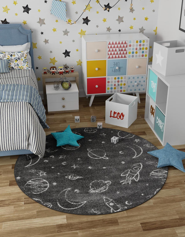 Gray 7' 10 x 7' 10 Whimsy Kids Round Area Rug for Baby Nursery, Toddler Playroom, Bedrooms