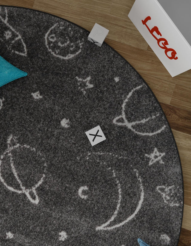 Gray 5' 3 x 5' 3 Whimsy Kids Round Area Rug for Baby Nursery, Toddler Playroom, Bedrooms Playful Fun Design Easy Clean Carpet for Sale at Rug Engine