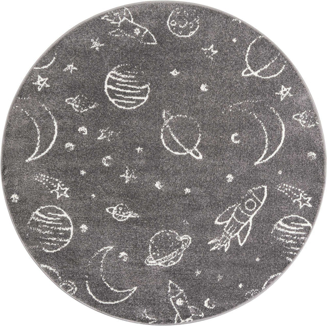 Gray 5' 3 x 5' 3 Whimsy Kids Round Area Rug for Baby Nursery, Toddler Playroom, Bedrooms Playful Fun Design Easy Clean Carpet for Sale at Rug Engine