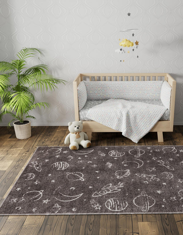 Gray 5' 3 x 8' Whimsy Kids Rectangle Area Rug for Baby Nursery, Toddler Playroom, Bedrooms