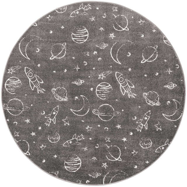 Gray 7' 10 x 7' 10 Whimsy Kids Round Area Rug for Baby Nursery, Toddler Playroom, Bedrooms