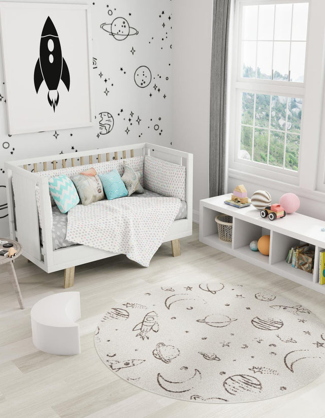 Ivory 5' 3 x 5' 3 Whimsy Kids Round Area Rug for Baby Nursery, Toddler Playroom, Bedrooms