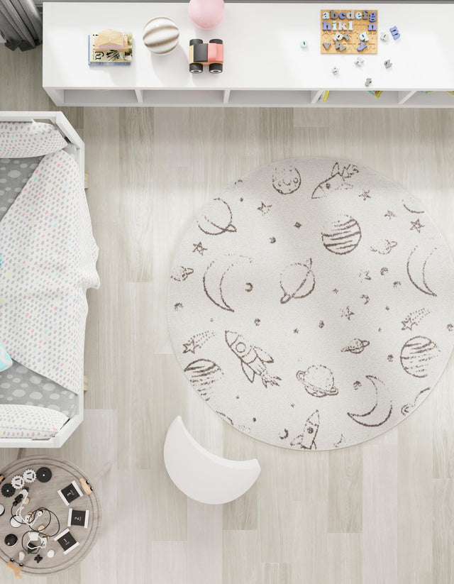 Ivory 3' 3 x 3' 3 Whimsy Kids Round Area Rug for Baby Nursery, Toddler Playroom, Bedrooms