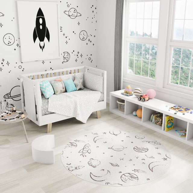 Ivory 7' 10 x 7' 10 Whimsy Kids Round Area Rug for Baby Nursery, Toddler Playroom, Bedrooms