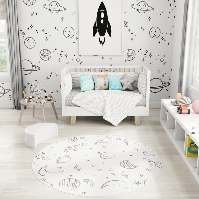 Ivory 3' 3 x 3' 3 Whimsy Kids Round Area Rug for Baby Nursery, Toddler Playroom, Bedrooms