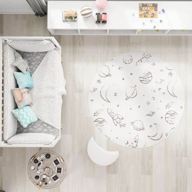 Ivory 3' 3 x 3' 3 Whimsy Kids Round Area Rug for Baby Nursery, Toddler Playroom, Bedrooms