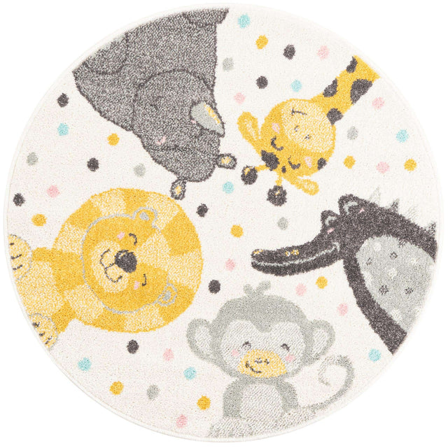 Ivory 3' 3 x 3' 3 Whimsy Kids Round Area Rug for Baby Nursery, Toddler Playroom, Bedrooms Playful Fun Design Easy Clean Carpet for Sale at Rug Engine