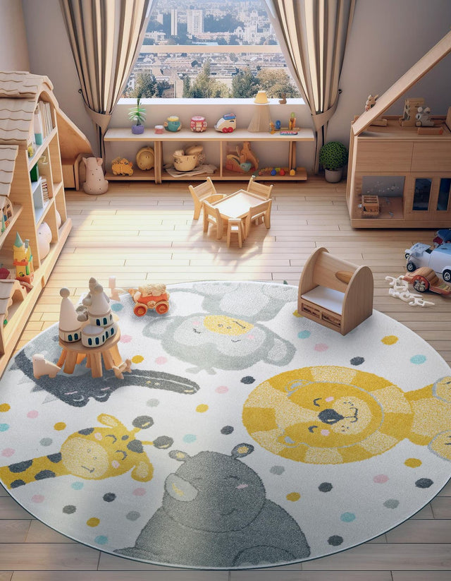 Ivory 7' 10 x 7' 10 Whimsy Kids Round Area Rug for Baby Nursery, Toddler Playroom, Bedrooms Playful Fun Design Easy Clean Carpet for Sale at Rug Engine