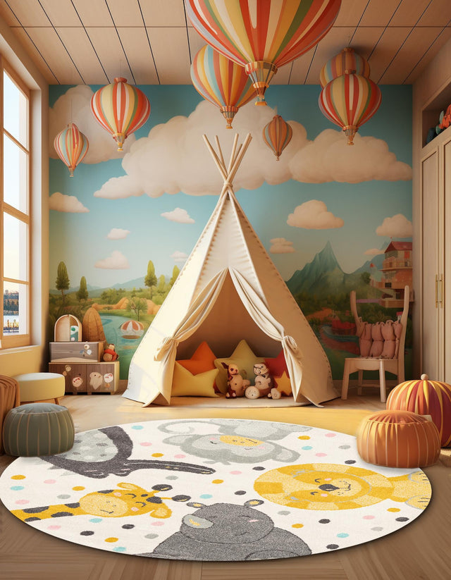 Ivory 7' 10 x 7' 10 Whimsy Kids Round Area Rug for Baby Nursery, Toddler Playroom, Bedrooms Playful Fun Design Easy Clean Carpet for Sale at Rug Engine