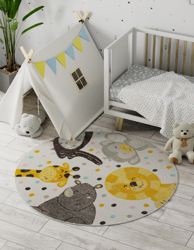 Ivory 5' 3 x 5' 3 Whimsy Kids Round Area Rug for Baby Nursery, Toddler Playroom, Bedrooms