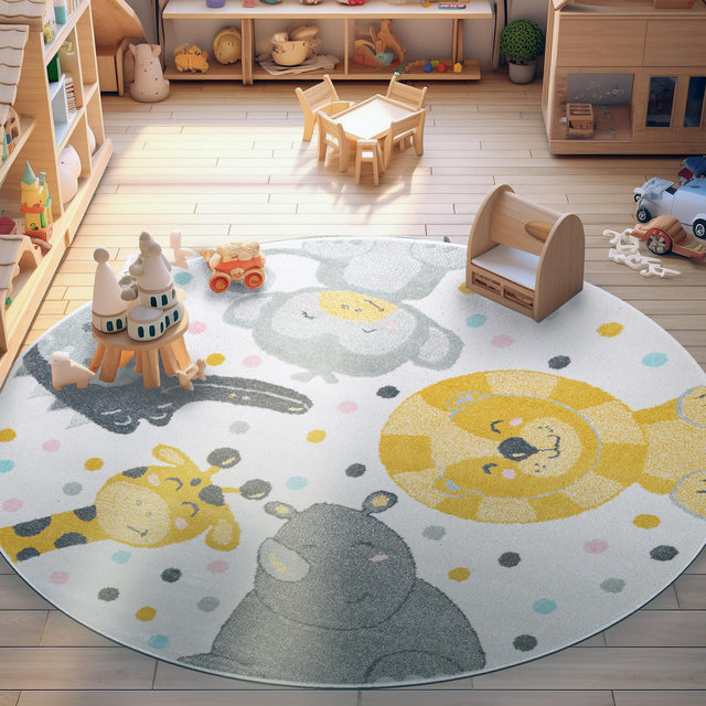 Ivory 7' 10 x 7' 10 Whimsy Kids Round Area Rug for Baby Nursery, Toddler Playroom, Bedrooms Playful Fun Design Easy Clean Carpet for Sale at Rug Engine