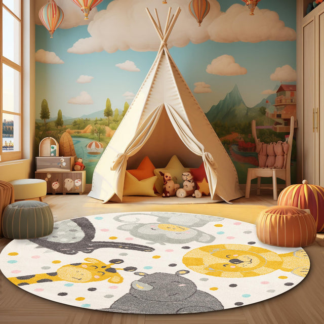 Ivory 5' 3 x 5' 3 Whimsy Kids Round Area Rug for Baby Nursery, Toddler Playroom, Bedrooms