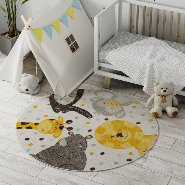 Ivory 5' 3 x 5' 3 Whimsy Kids Round Area Rug for Baby Nursery, Toddler Playroom, Bedrooms