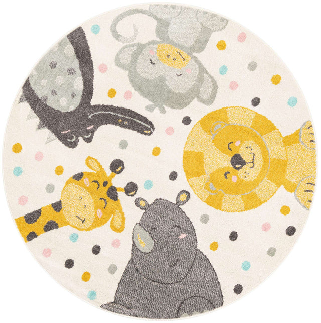 Ivory 5' 3 x 5' 3 Whimsy Kids Round Area Rug for Baby Nursery, Toddler Playroom, Bedrooms