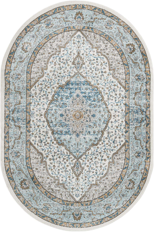 Blue 6' 1 x 9' Nyla Oval Area Rug 100% Polypropylene Traditional Classic Carpet for Living Room, Kitchen, Bedroom, Dining, Office for Sale at Rug Engine