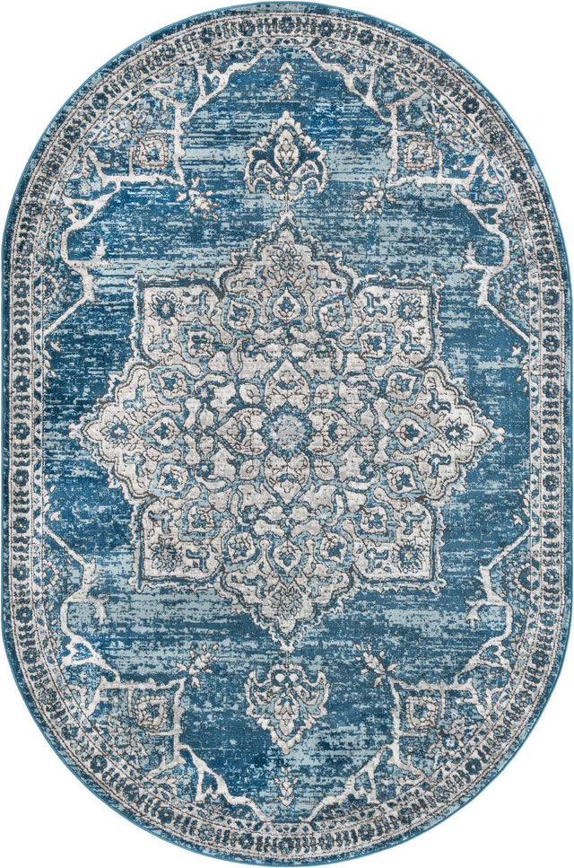Blue 6' 1 x 9' Nyla Oval Area Rug 100% Polypropylene Traditional Classic Carpet for Living Room, Kitchen, Bedroom, Dining, Office for Sale at Rug Engine
