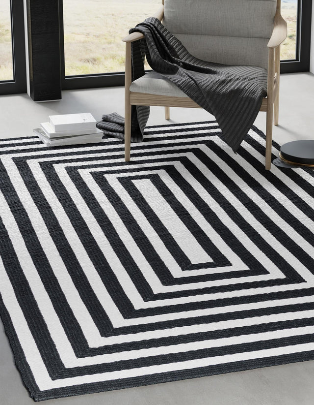 Washable Black and White 9' x 12' Eco Verse Indoor Outdoor Washable Rectangle Area Rug Easy to Clean Stain Resistant & Durable Weather Resistant for Patio, Deck, Terrace, Balcony, Porch 100% PET Polyester (Recycled Plastic Bottles) for Sale at Rug Engine