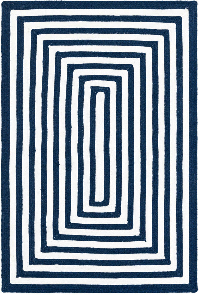 Washable Navy Blue and White 4' 1 x 6' 1 Eco Verse Indoor Outdoor Washable Rectangle Area Rug Easy to Clean Stain Resistant & Durable Weather Resistant for Patio, Deck, Terrace, Balcony, Porch 100% PET Polyester (Recycled Plastic Bottles) for Sale at Rug Engine