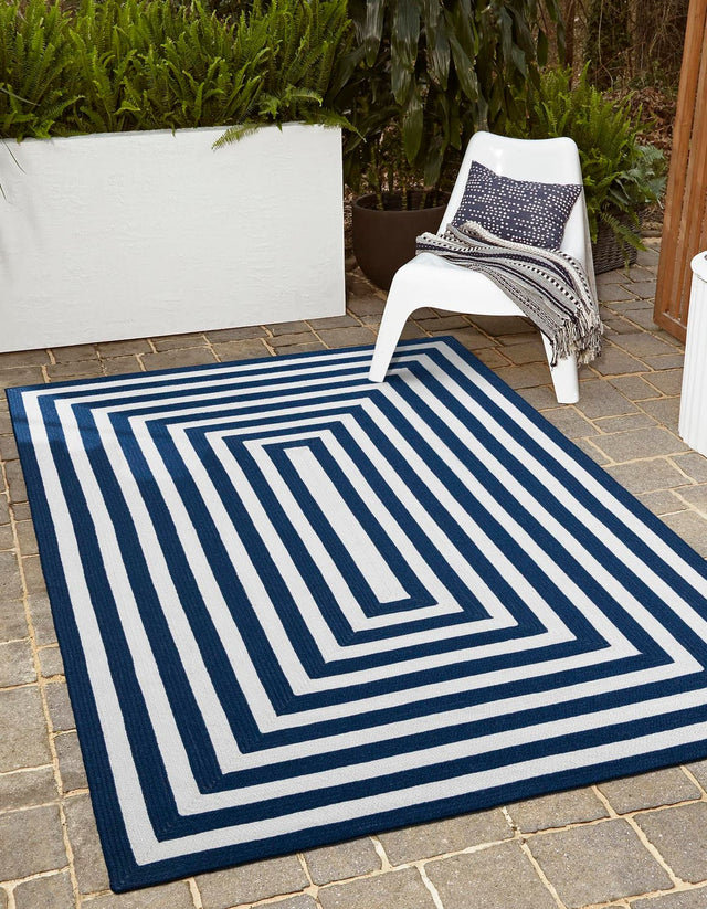 Washable Navy Blue and White 4' 1 x 6' 1 Eco Verse Indoor Outdoor Washable Rectangle Area Rug Easy to Clean Stain Resistant & Durable Weather Resistant for Patio, Deck, Terrace, Balcony, Porch 100% PET Polyester (Recycled Plastic Bottles) for Sale at Rug Engine