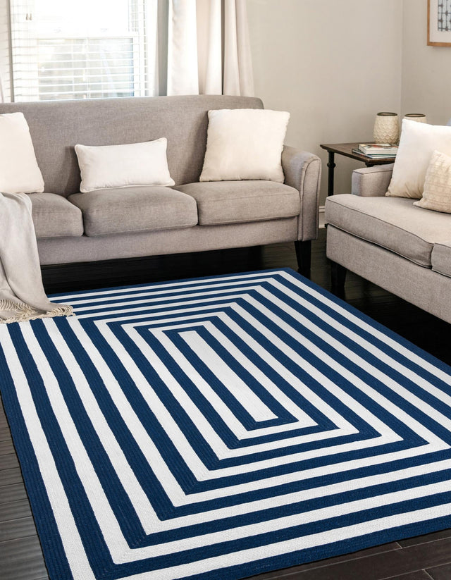 Washable Navy Blue and White 4' 1 x 6' 1 Eco Verse Indoor Outdoor Washable Rectangle Area Rug Easy to Clean Stain Resistant & Durable Weather Resistant for Patio, Deck, Terrace, Balcony, Porch 100% PET Polyester (Recycled Plastic Bottles) for Sale at Rug Engine