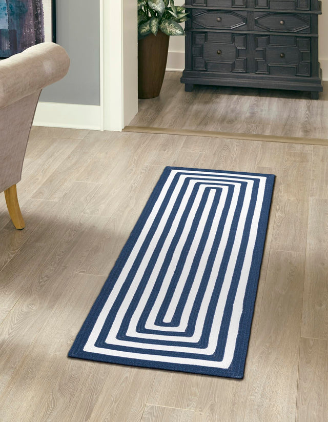 Washable Navy Blue and White 2' x 6' 1 Eco Verse Indoor Outdoor Washable Runner Area Rug Easy to Clean Stain Resistant & Durable Weather Resistant for Patio, Deck, Terrace, Balcony, Porch 100% PET Polyester (Recycled Plastic Bottles) for Sale at Rug Engine
