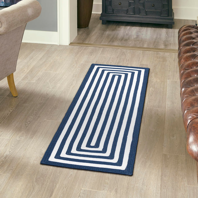 Washable Navy Blue and White 2' 7 x 10' Eco Verse Indoor Outdoor Washable Runner Area Rug Easy to Clean Stain Resistant & Durable Weather Resistant for Patio, Deck, Terrace, Balcony, Porch 100% PET Polyester (Recycled Plastic Bottles) for Sale at Rug Engine