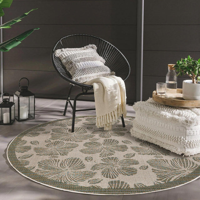 Ivory and Beige 10' x 10' Baja Outdoor Round Area Rug Weather Resistant for Patio, Deck, Terrace, Balcony, Porch 100% Polypropylene Modern Outside Decor for Sale at Rug Engine
