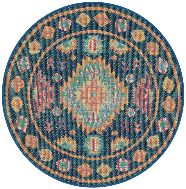 Navy Blue 3' 3 x 3' 3 Baja Outdoor Round Area Rug Weather Resistant for Patio, Deck, Terrace, Balcony, Porch 100% Polypropylene Modern Outside Decor for Sale at Rug Engine