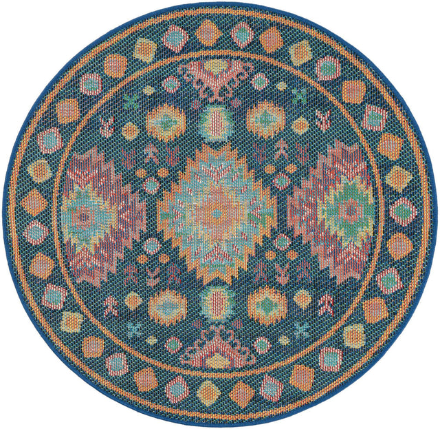 Navy Blue 4' 1 x 4' 1 Baja Outdoor Round Area Rug Weather Resistant for Patio, Deck, Terrace, Balcony, Porch 100% Polypropylene Modern Outside Decor for Sale at Rug Engine