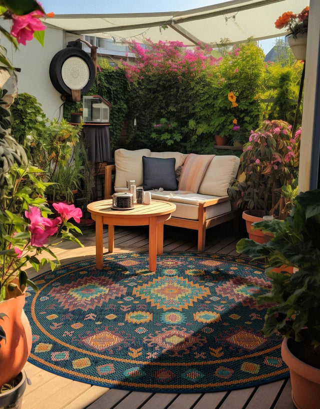 Navy Blue 4' 1 x 4' 1 Baja Outdoor Round Area Rug Weather Resistant for Patio, Deck, Terrace, Balcony, Porch 100% Polypropylene Modern Outside Decor for Sale at Rug Engine