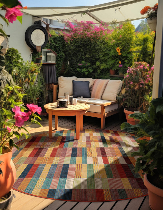 Multicolor 6' 1 x 6' 1 Baja Outdoor Round Area Rug Weather Resistant for Patio, Deck, Terrace, Balcony, Porch 100% Polypropylene Modern Outside Decor for Sale at Rug Engine