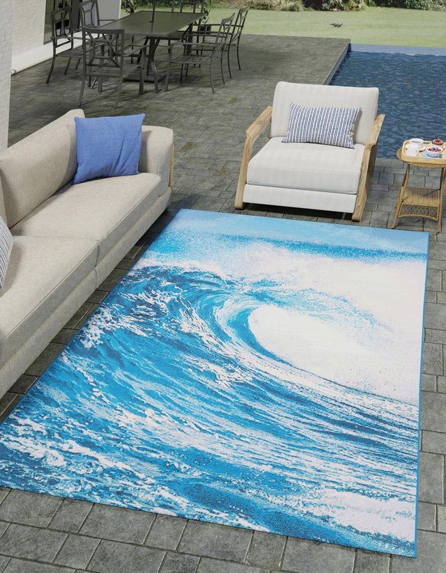 Blue 2' x 3' 1 Outdoor Modern Rectangle Area Rug Weather Resistant for Patio, Deck, Terrace, Balcony, Porch 100% Polypropylene Modern Outside Carpet for Sale at Rug Engine