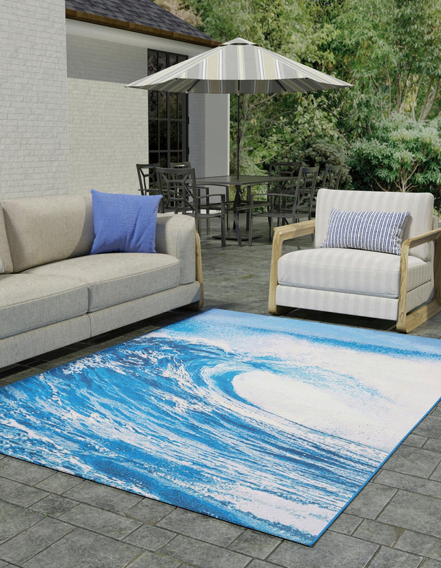 Blue 5' 3 x 8' Outdoor Modern Rectangle Area Rug Weather Resistant for Patio, Deck, Terrace, Balcony, Porch 100% Polypropylene Modern Outside Carpet for Sale at Rug Engine